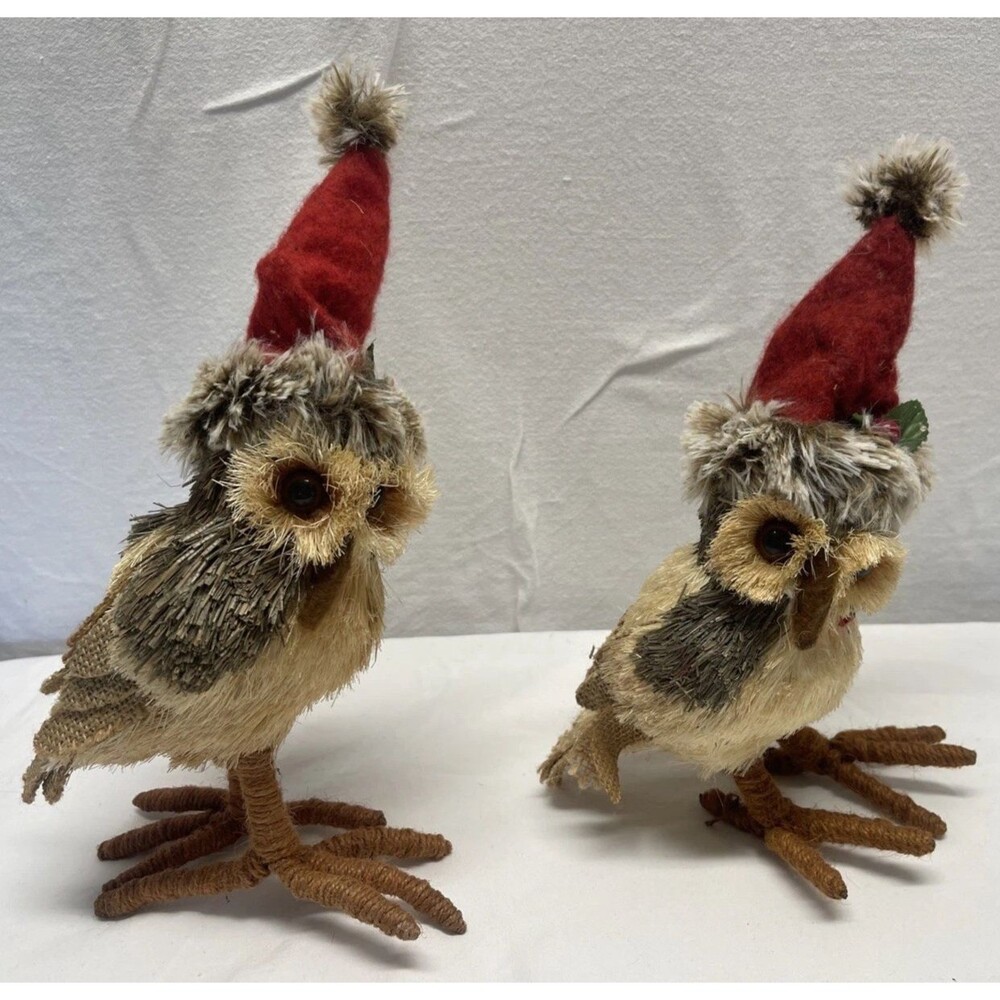Vtg Pier 1 Set Rustic Christmas Owl Decorations Natural Materials Woodland Bird